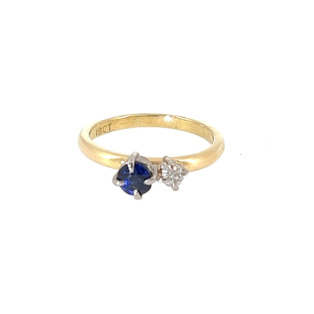 Round Blue Sapphire & Diamond Moi et Toi Gold Ring