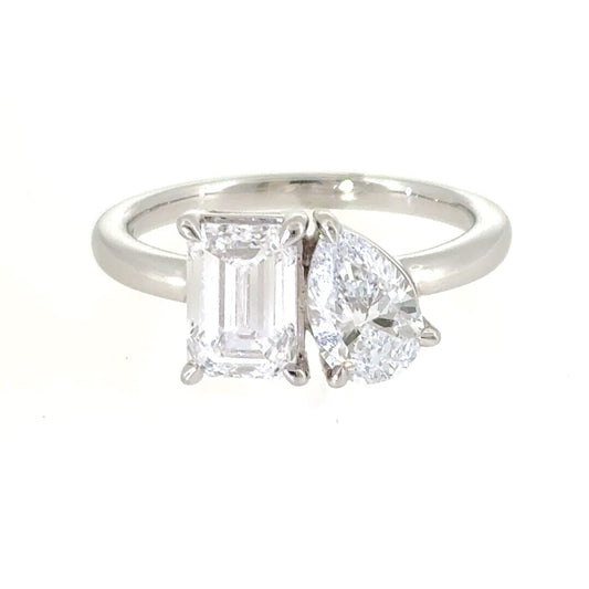 Platinum Emerald Cut and Pear Shape Lab Diamond Toi et Moi Ring